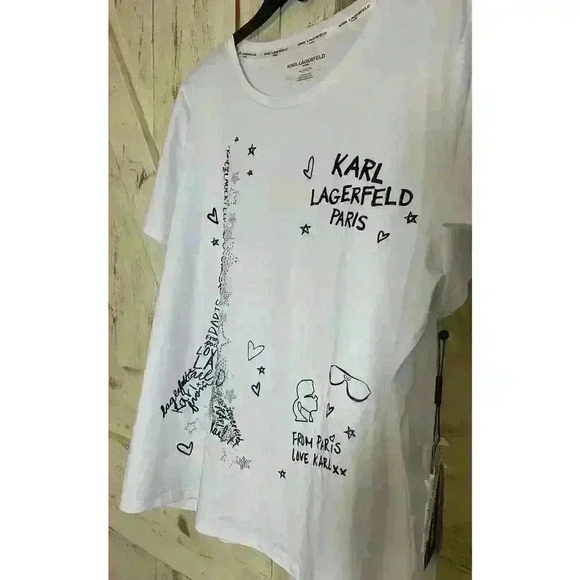 NWT Karl Lagerfeld Paris Women Tshirt Eiffel Tower Logo White Size M‎ - Picture 9 of 11